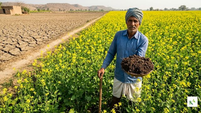 A kisaan standing in a sarso field holding healthy dark soil